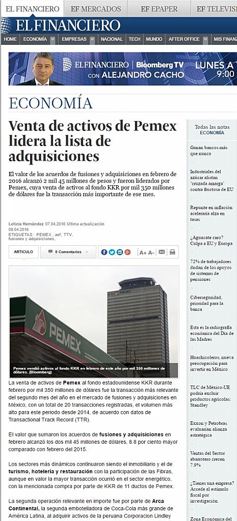 Venta de activos de Pemex lidera la lista de adquisiciones